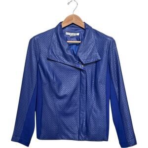 Peter Nygard Faux Leather Laser Cut Long Sleeve Zip Up Moto Biker Jacket Blue 10